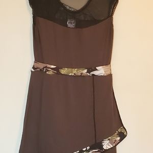 Beautiful black sheer trim top deep olive floral trim dress